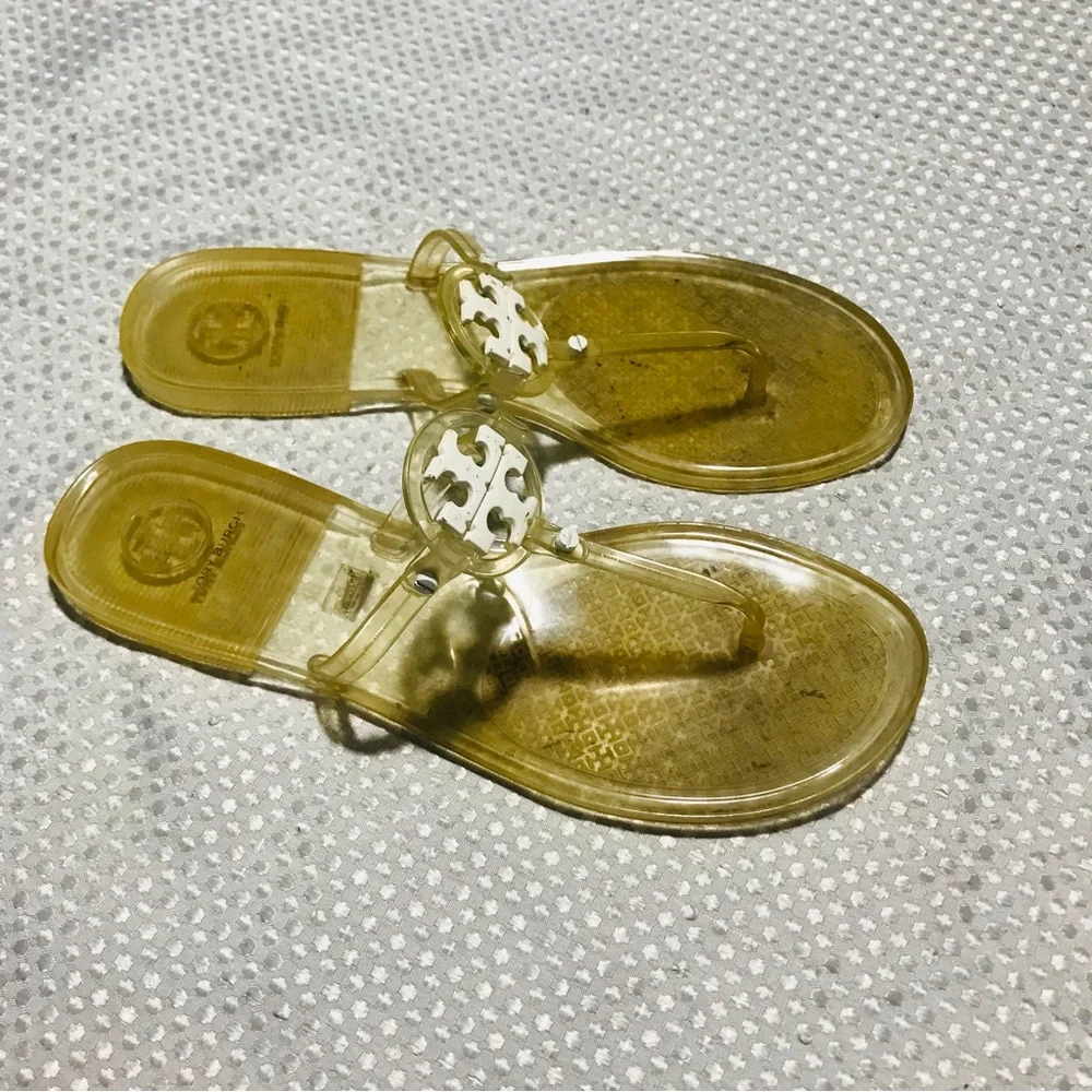 TORY BURCH clear jelly sandals white logo SIZE 9 womens